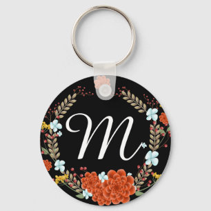 Sweet Illustrierte Blume & Laurel Wreath Monogram Schlüsselanhänger