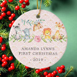 Sweet Jungle Foto Baby's First Christmas Ornament<br><div class="desc">Niedliches Baby's erste Weihnachtsschmuck die süßesten kleinen Dschungeltiere Set auf einem rosa Damast Hintergrund.</div>
