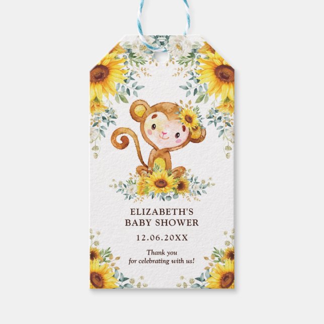 Sweet Jungle Monkey Sunflowers Baby Dusche Gefalle Geschenkanhänger (Vorderseite)
