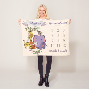 Sweet Jungle Safari Animals Baby Boy Milestone Fleecedecke