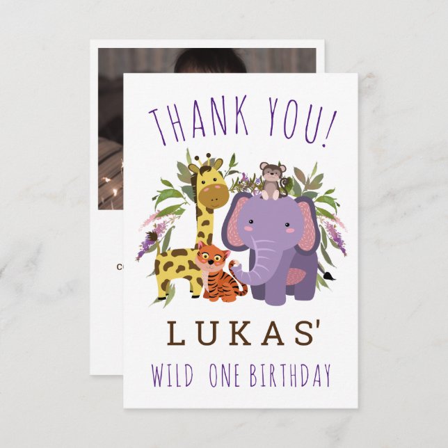 Sweet Jungle Safari Tier 1. Geburtstag Party Dankeskarte (Vorne/Hinten)