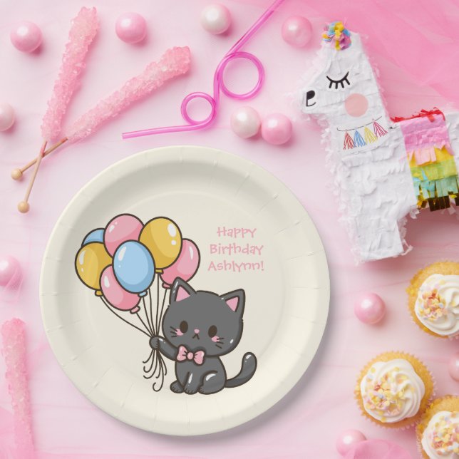 Sweet Kawaii Black Cat Birthday Party Pappteller (Party)