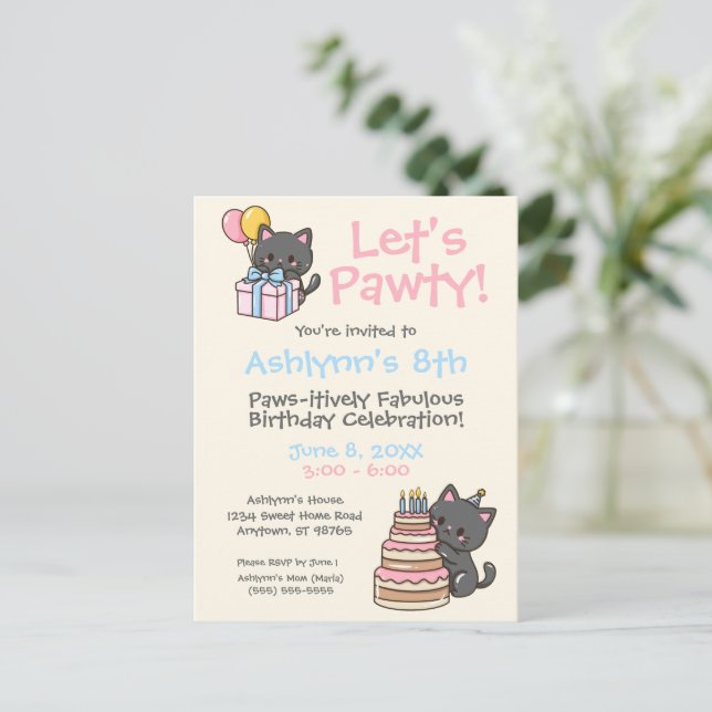 Sweet Kawaii Black Cat Birthday Party Postkarte (Stehend Vorderseite)
