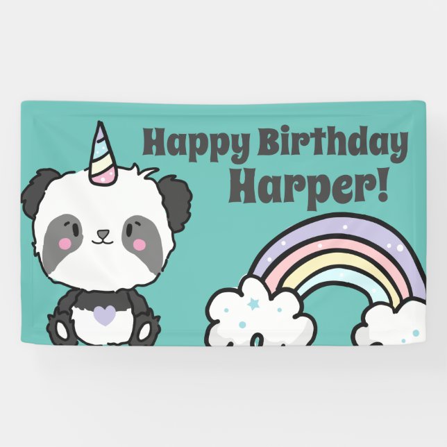 Sweet Kawaii Panda Unicorn Rainbow Birthday Banner (Horizontal)