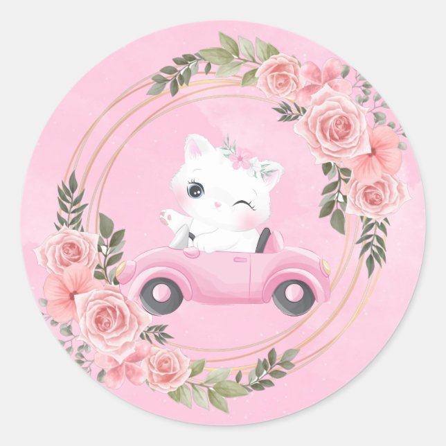 Sweet Kitten Pink Vintage Car Baby Dusche Runder Aufkleber (Vorderseite)