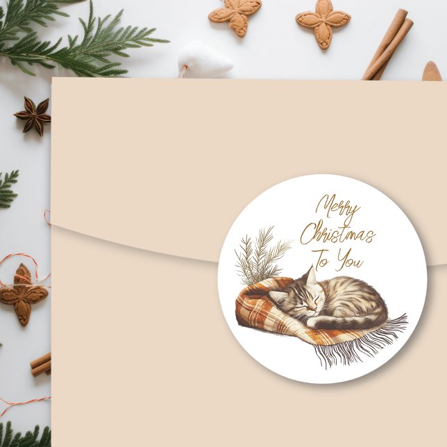 Sweet Kitten Schlafen auf warmen Blanket Weihnacht Runder Aufkleber (Von Creator hochgeladen)