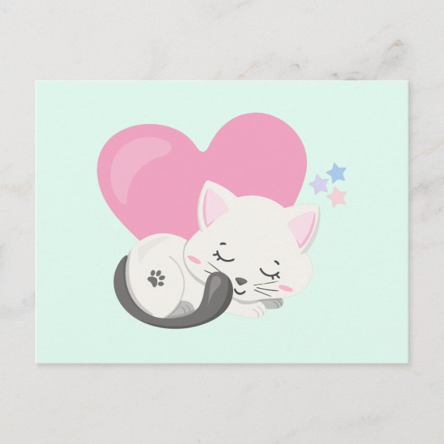 Sweet Kitty Cat Schlafen mit einem großen Herz im  Postkarte (Vorderseite)