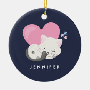 Sweet Kitty Cat Schlafen mit einem großen rosa Her Keramik Ornament