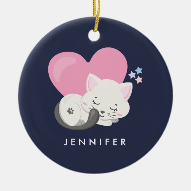 Sweet Kitty Cat Schlafen mit einem großen rosa Her Keramik Ornament (Vorne)