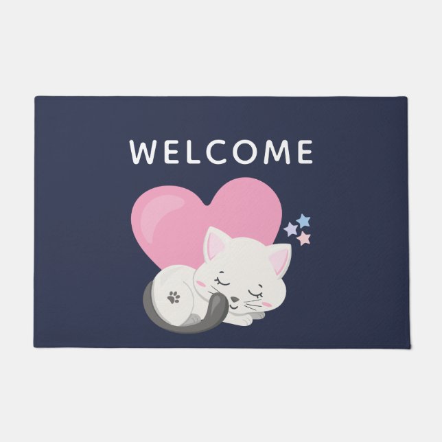Sweet Kitty Cat Schlafen mit rosa Herz Willkommen Fußmatte (Vorderseite)
