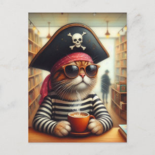 Sweet Kitty Pirate mit einem Kaffee in einem Buchl Postkarte