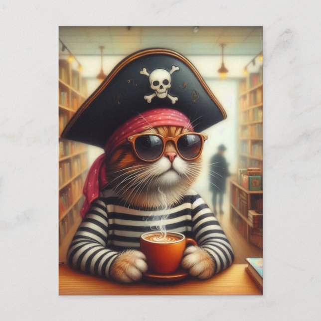Sweet Kitty Pirate mit einem Kaffee in einem Buchl Postkarte (Vorderseite)