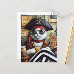 Sweet Kitty Pirate mit Kaffee in einem Antiquitäte Postkarte