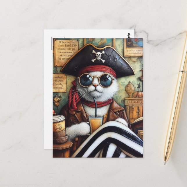Sweet Kitty Pirate mit Kaffee in einem Antiquitäte Postkarte (Vorderseite/Rückseite Beispiel)