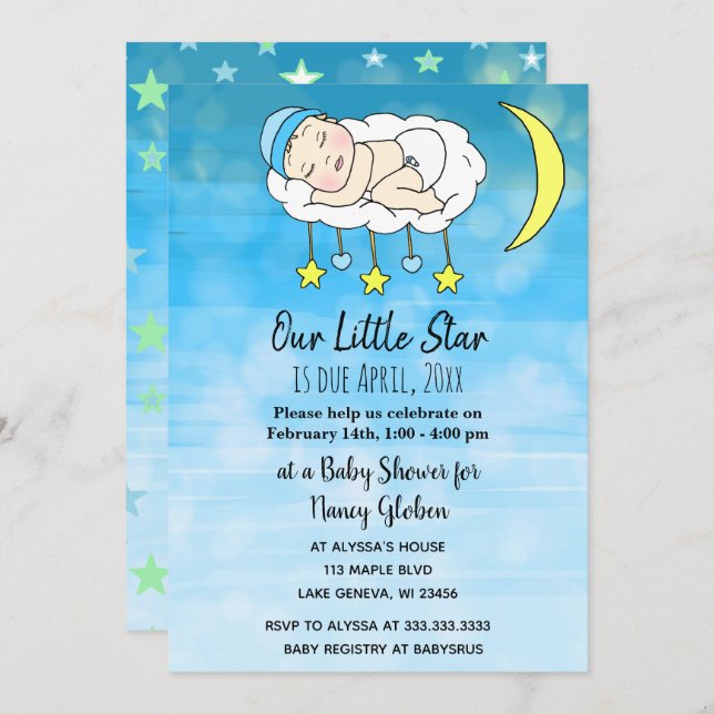 Sweet kleine Baby Blue Stars und Mond Jungs Einladung (Vorne/Hinten)