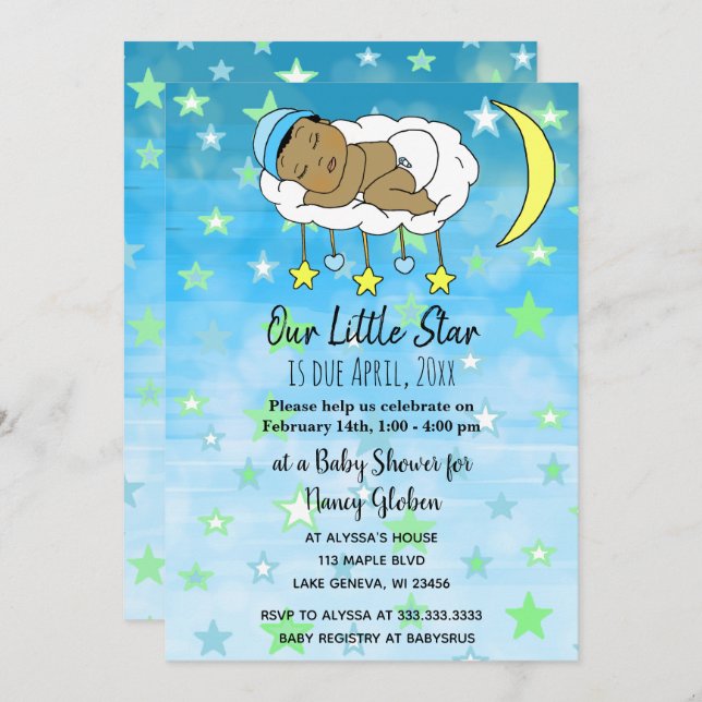 Sweet kleine ethnische Baby Blue Stars und Mond Ju Einladung (Vorne/Hinten)