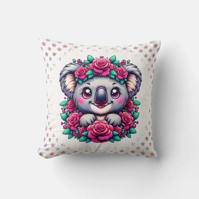 Sweet Koala with Pink Rose Wreath  Kissen (Vorderseite)