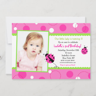 Sweet Ladybug Pink Green Foto Geburtstagseinladung Einladung