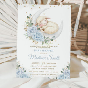 Sweet Lamb Moon Soft Blue Floral Boy Baby Dusche Einladung