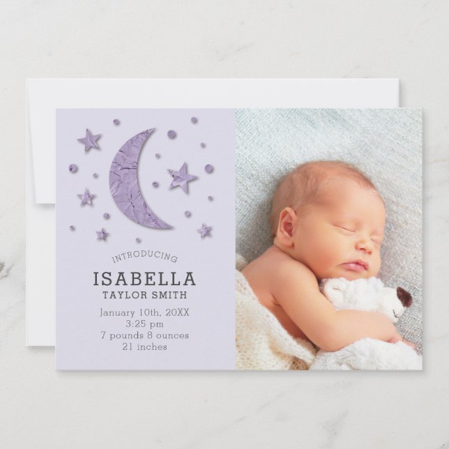 Sweet Lavender Moon Stars Baby Foto Birth Ankündigung (Vorderseite)