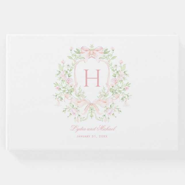 Sweet Leaf Wappen mit rosa Bogen | Monogramm-Hochz Gästebuch (Vorderseite)