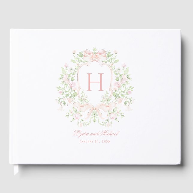 Sweet Leaf Wappen mit rosa Bogen | Monogramm-Hochz Gästebuch (Vorderseite)