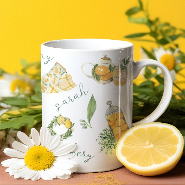 Sweet Lemon Botanical Watercolor Personalisiert Zweifarbige Tasse (Von Creator hochgeladen)