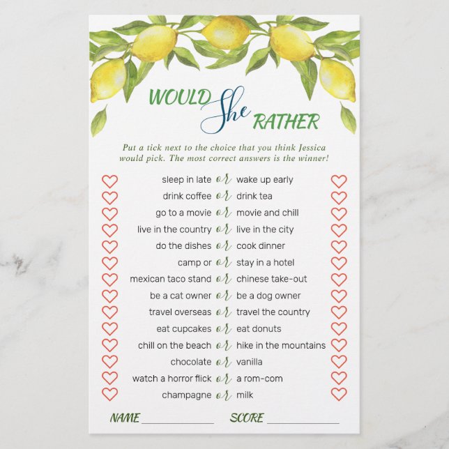 Sweet Lemons & Greenery Chic Brautparty Game (Vorderseite)