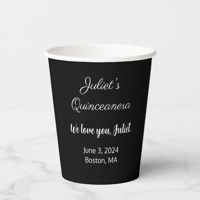Sweet Letters: White on Black Quinceanera Pappbecher (Rückseite)