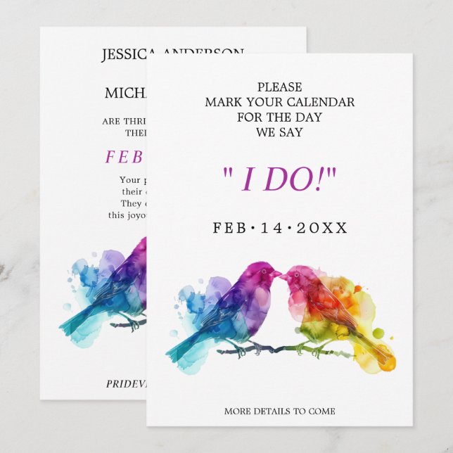 Sweet LGBTQ+ Rainbow Lovebirds Save The Date (Vorne/Hinten)