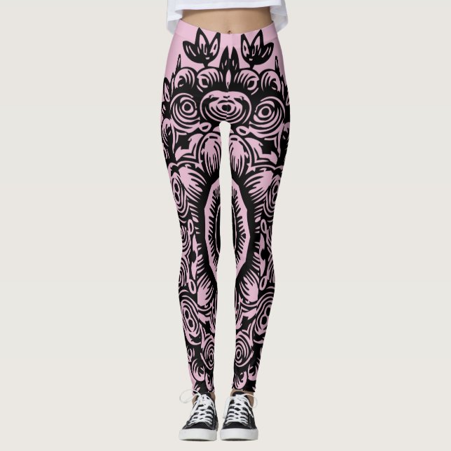 Sweet Lilac mit Black Damask Muster Athletic Leggings (Vorderseite)