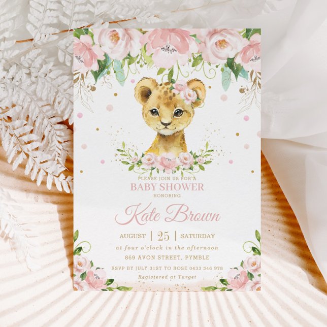 Sweet Lion Blush Pink Floral Gold Girl Baby Dusche Einladung (Von Creator hochgeladen)
