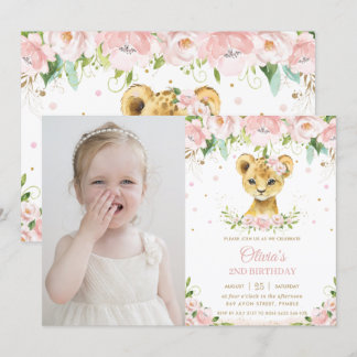 Sweet Lion Cub Blush Pink Floral Geburtstags-Foto Einladung