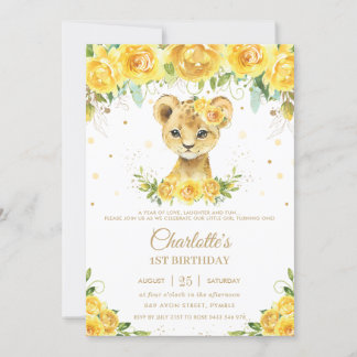 Sweet Lion Cub Yellow Floral Gold 1. Geburtstag Einladung