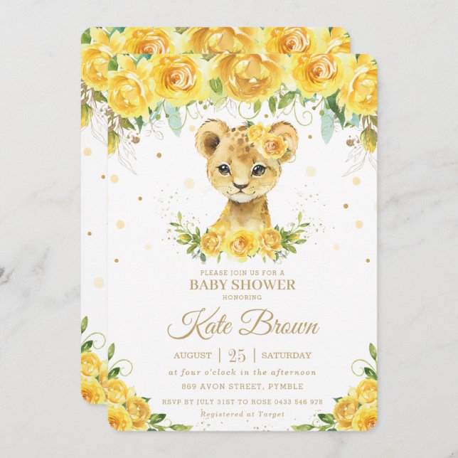 Sweet Lion Yellow Floral Gold Girl Baby Dusche Einladung (Vorne/Hinten)