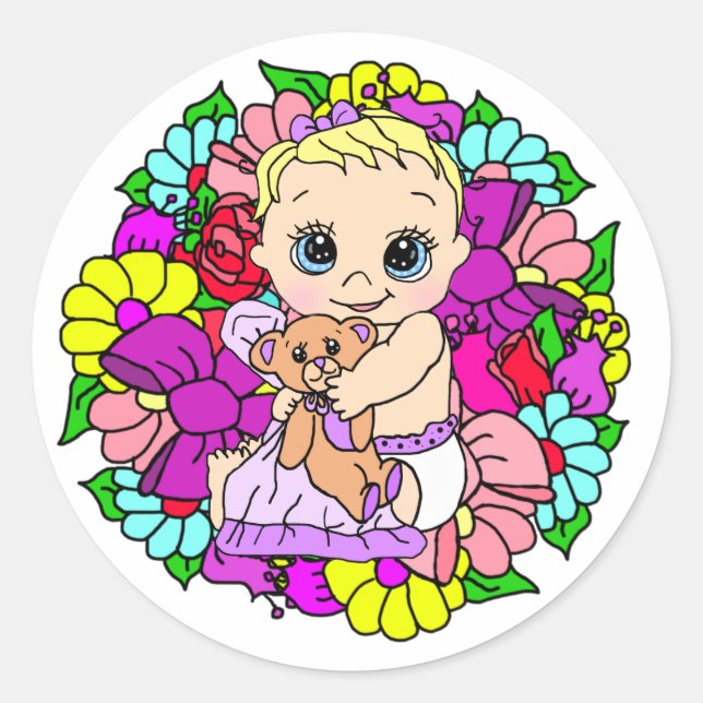 Sweet Little Baby mit Teddy Bear Floral Runder Aufkleber (Vorderseite)