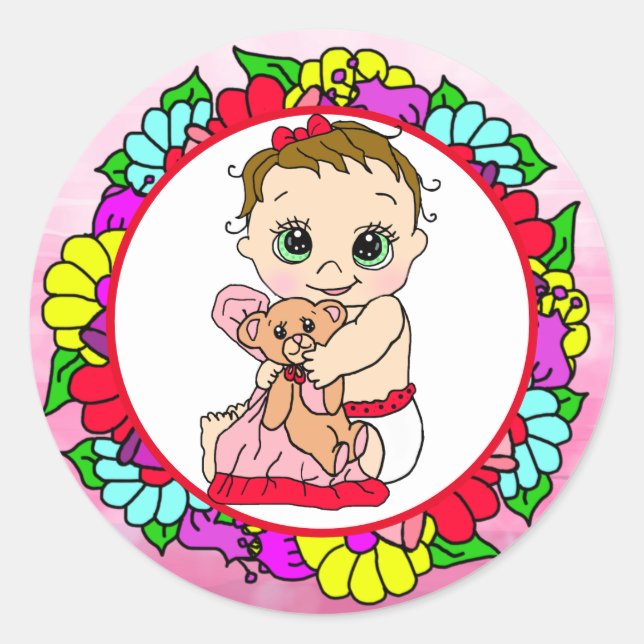 Sweet Little Baby mit Teddy Bear Floral Runder Aufkleber (Vorderseite)
