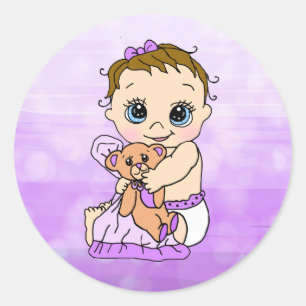 Sweet Little Baby mit Teddy Bear Lila Baby Girl Runder Aufkleber