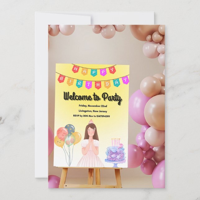 Sweet Little Birthday Girl mit Balloons & Cake the Save The Date (Vorderseite)