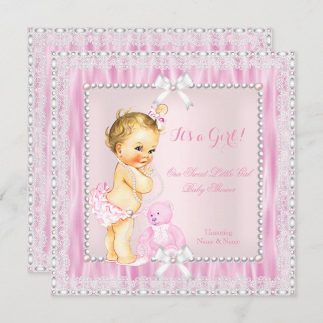 Sweet Little Blonde Girl Baby Shooting Pearls Lace Einladung (Vorne/Hinten)