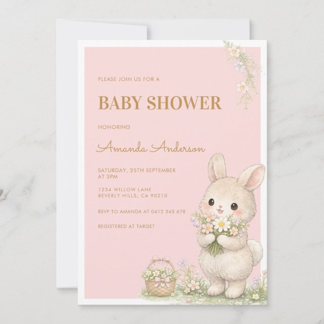Sweet Little Bunny Floral Baby Shower Einladung (Vorderseite)