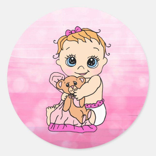 Sweet Little Caucasian Baby mit Teddy Bear Runder Aufkleber (Vorderseite)