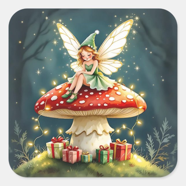Sweet Little Christmas Fairy on Mushroom Quadratischer Aufkleber (Vorderseite)