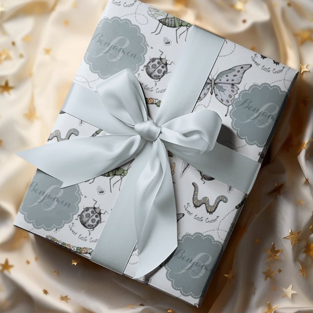 Sweet Little Critter Blue Baby Bugs Insekten Kinde Geschenkpapier (Cute Pink Baby Boy Hand-Drawn Insects Bugs Pattern, Personalized with Baby Boy's Name & Monogram.)