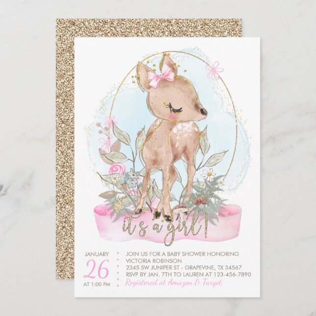 Sweet Little Deer Baby Shower Einladung (Vorne/Hinten)