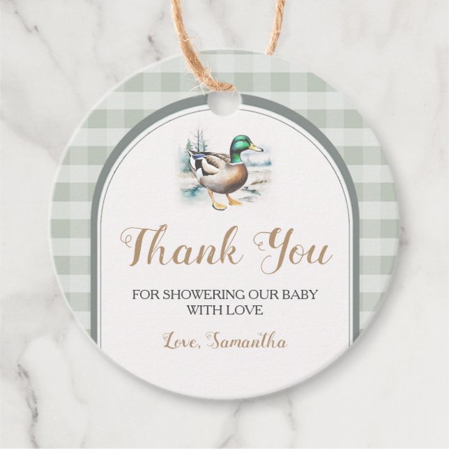 Sweet Little Duckling Mallard Gingham Baby Shower Geschenkanhänger (Vorderseite)
