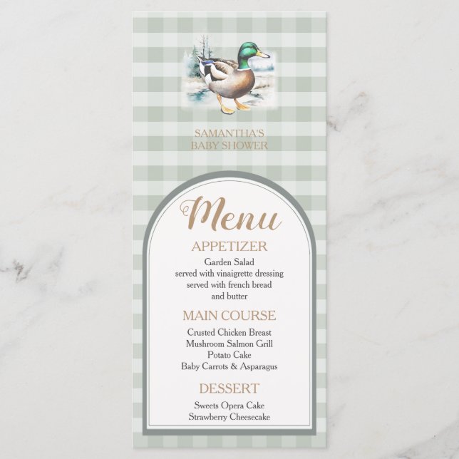 Sweet Little Duckling Mallard Gingham Baby Shower Menükarte (Vorderseite)