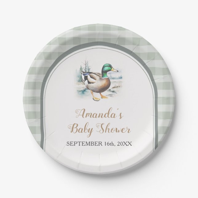Sweet Little Duckling Mallard Gingham Baby Shower Pappteller (Vorderseite)