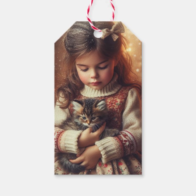 Sweet Little Girl and Kitten Christmas Geschenkanhänger (Vorderseite)