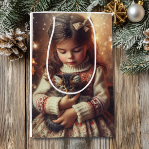 Sweet Little Girl and Kitten Christmas Mittlere Geschenktüte
